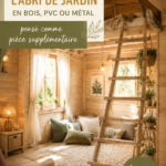Un abri de jardin en bois aménagé en espace de vie confortable.