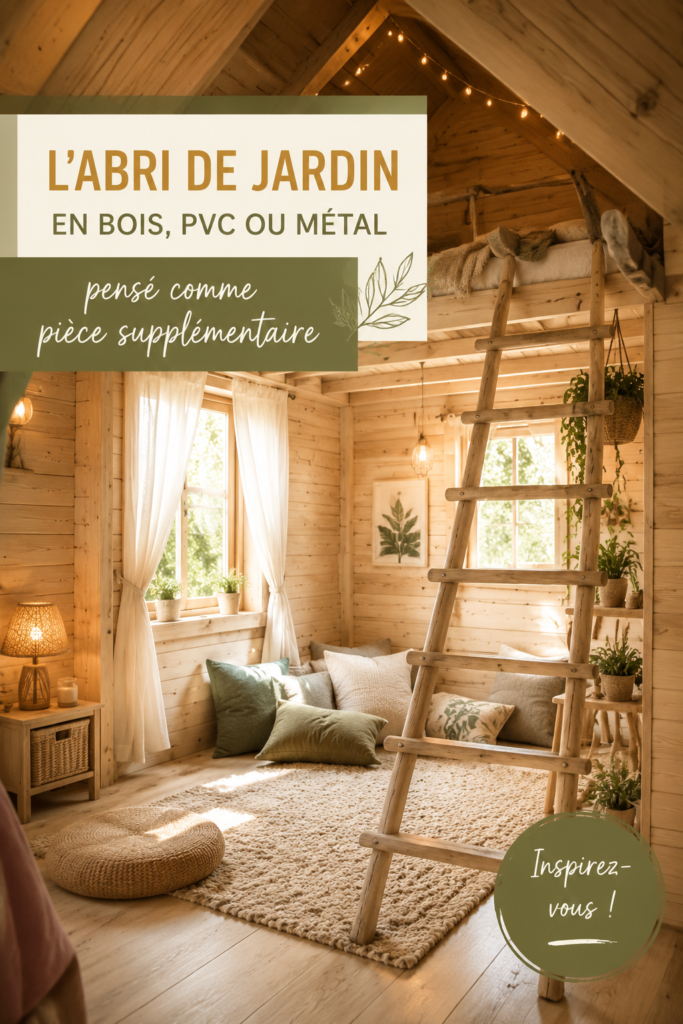 Un abri de jardin en bois aménagé en espace de vie confortable.