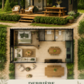 Espace extérieur aménagé derrière une maison avec des plantes et un coin repas.
