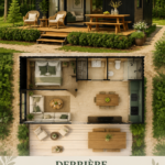 Espace extérieur aménagé derrière une maison avec des plantes et un coin repas.