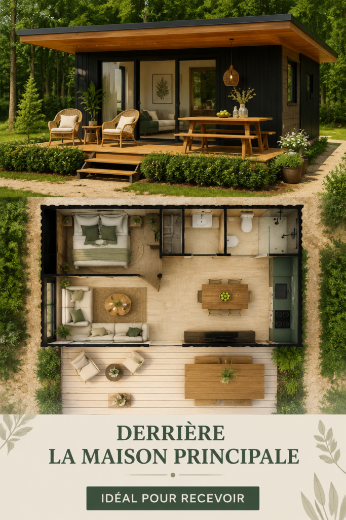 Espace extérieur aménagé derrière une maison avec des plantes et un coin repas.
