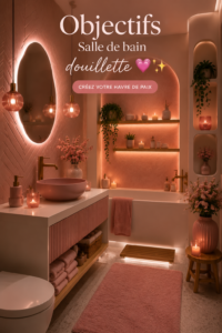 Une salle de bain cosy avec des éléments décoratifs en rose