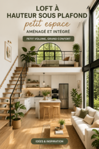 Un loft moderne avec des plafonds hauts et un aménagement intégré, mettant en valeur un design chaleureux.