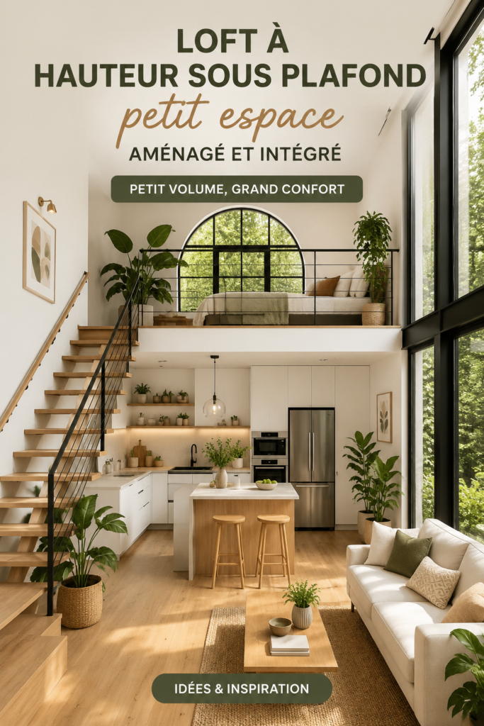 Un loft moderne avec des plafonds hauts et un aménagement intégré, mettant en valeur un design chaleureux.