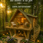 Cabane en bambou dans un jardin verdoyant.