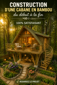 Cabane en bambou dans un jardin verdoyant.