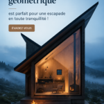 Une cabane en bois géométrique entourée de verdure, parfaite pour une escapade paisible.