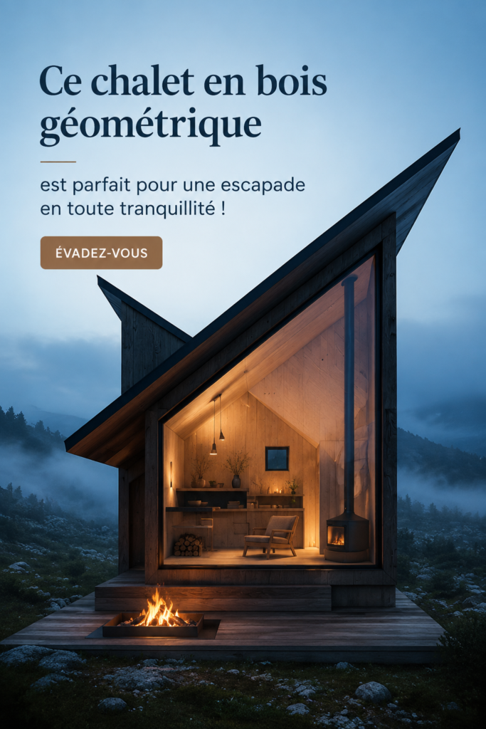 Une cabane en bois géométrique entourée de verdure, parfaite pour une escapade paisible.