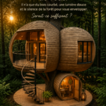 Cabane en bois entourée d'arbres, offrant un espace de tranquillité dans la nature.