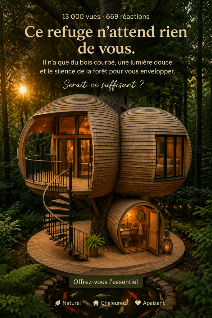 Cabane en bois entourée d'arbres, offrant un espace de tranquillité dans la nature.