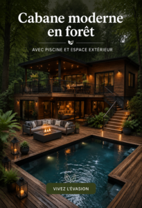 Cabane moderne en bois entourée d'arbres avec piscine, espace extérieur relaxant