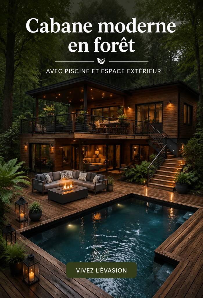 Cabane moderne en bois entourée d'arbres avec piscine, espace extérieur relaxant