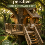 Une jolie cabane dans les arbres aménagée avec un patio cosy dans un jardin verdoyant.