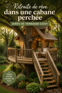 Une jolie cabane dans les arbres aménagée avec un patio cosy dans un jardin verdoyant.