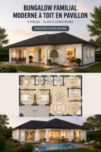 Image d'un bungalow moderne avec un toit en pente, illustrant un design élégant et fonctionnel.