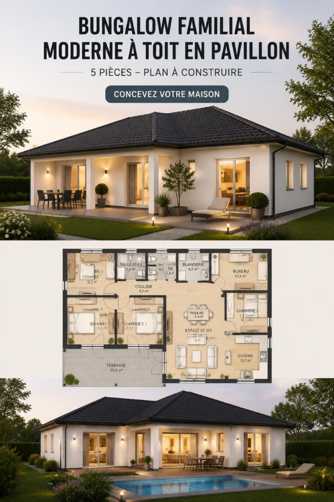 Image d'un bungalow moderne avec un toit en pente, illustrant un design élégant et fonctionnel.