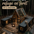 Vue d'une retraite forestière construite dans les arbres avec des matériaux naturels.
