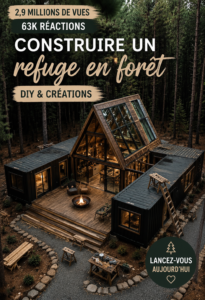 Vue d'une retraite forestière construite dans les arbres avec des matériaux naturels.