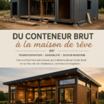 Maison moderne réalisée à partir d'un conteneur maritime, avec une belle façade en bois et de grandes fenêtres.