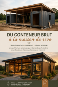 Maison moderne réalisée à partir d'un conteneur maritime, avec une belle façade en bois et de grandes fenêtres.