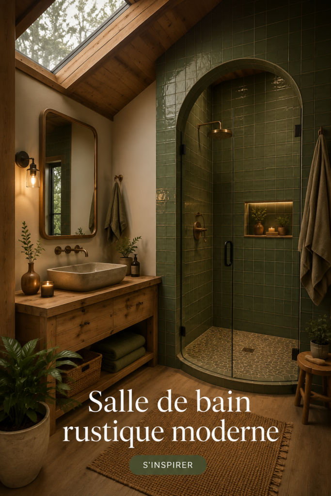 Salle de bains moderne et rustique avec des éléments en bois et métal