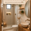 Salle de bain décorée dans un style boho chaleureux avec des éléments naturels.