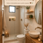 Salle de bain décorée dans un style boho chaleureux avec des éléments naturels.