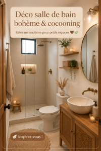 Salle de bain décorée dans un style boho chaleureux avec des éléments naturels.
