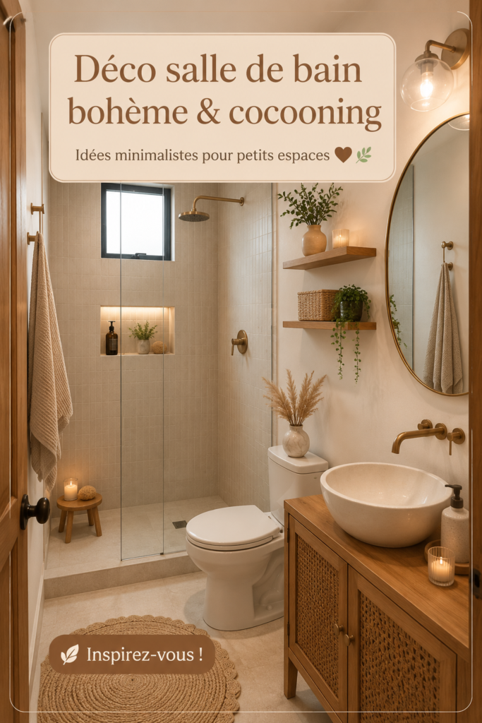 Salle de bain décorée dans un style boho chaleureux avec des éléments naturels.