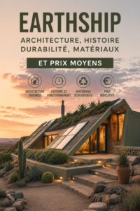 Un Earthship : maison écologique construite avec des matériaux recyclés et équipée de systèmes autonomes.