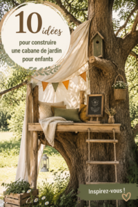 Cabane de jardin en bois avec enfants jouant dedans.