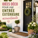 Entrée extérieure décorée avec des plantes et des décorations accueillantes.