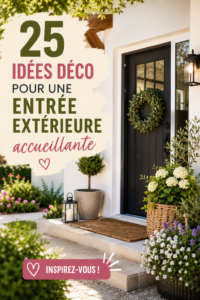 Entrée extérieure décorée avec des plantes et des décorations accueillantes.