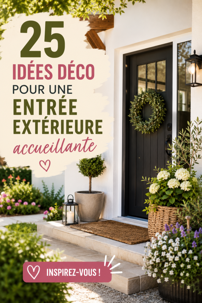 Entrée extérieure décorée avec des plantes et des décorations accueillantes.