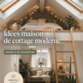 Un salon moderne avec des éléments de style cottage, aux couleurs douces et chaleureuses.