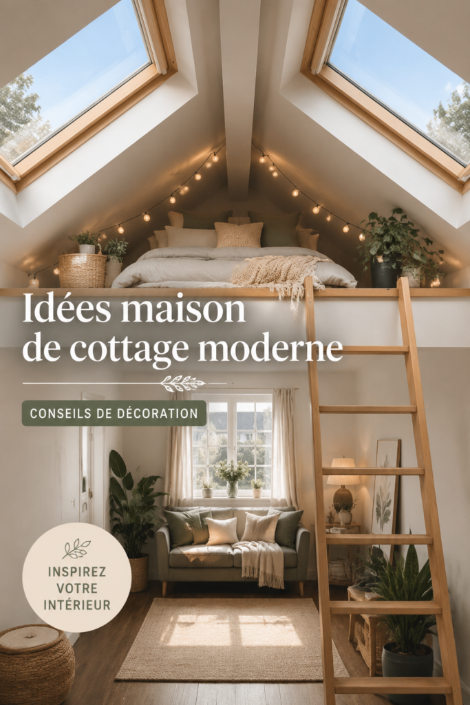 Un salon moderne avec des éléments de style cottage, aux couleurs douces et chaleureuses.