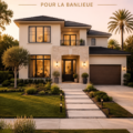 Éléments de l'extérieur d'une maison suburbane avec un jardin floral vibrant.
