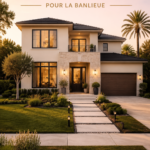 Éléments de l'extérieur d'une maison suburbane avec un jardin floral vibrant.