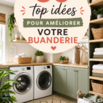Une buanderie moderne et bien agencée avec des éléments décoratifs chaleureux.