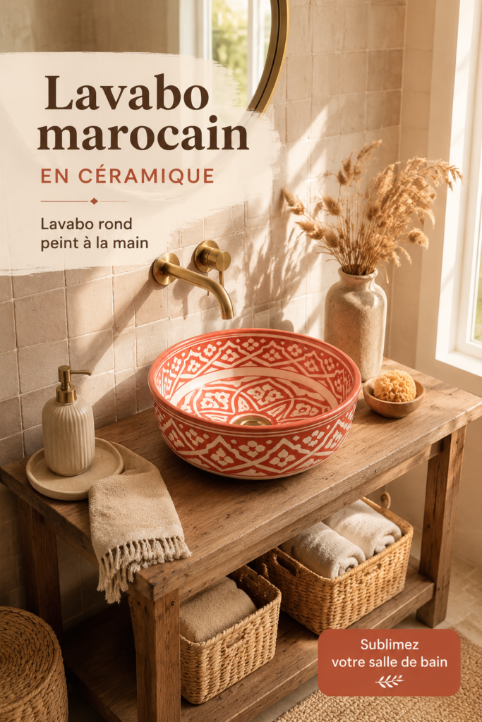 Un lavabo marocain en céramique peint à la main, ajoutant une touche artisanale à une salle de bain moderne.