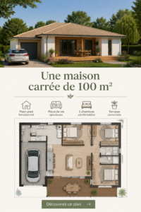Illustration d'une maison carrée moderne de 100 m² avec un joli jardin