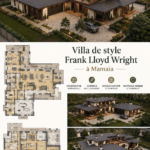 Vue extérieure de la maison Mamaia au style architectural inspiré par Frank Lloyd Wright.