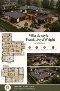 Vue extérieure de la maison Mamaia au style architectural inspiré par Frank Lloyd Wright.