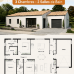 Plan de la maison traditionnelle CAHITA avec trois chambres et deux salles de bain