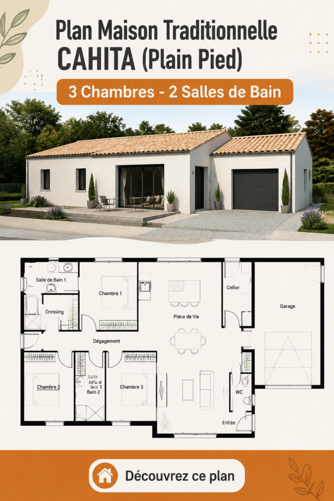 Plan de la maison traditionnelle CAHITA avec trois chambres et deux salles de bain
