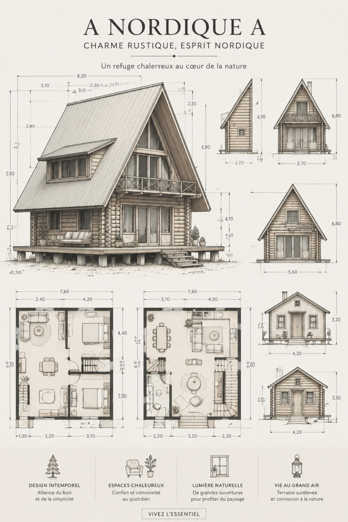 Une charmante maison A-Frame nordique entourée de nature verdoyante.