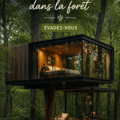 Une maison dans les arbres entourée de verdure et de nature.