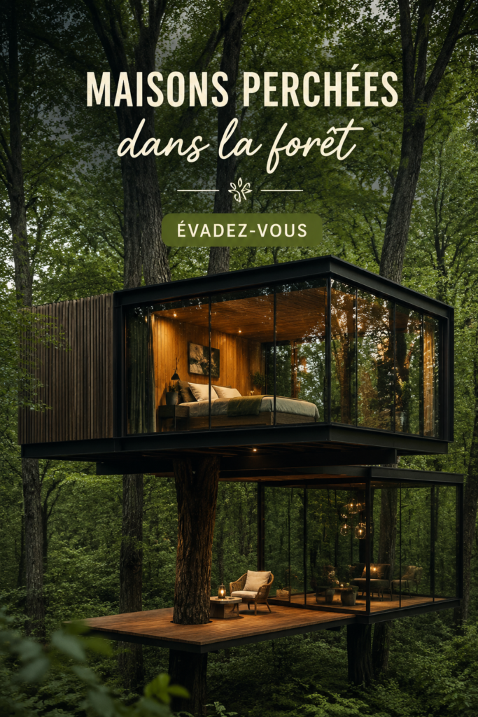 Une maison dans les arbres entourée de verdure et de nature.