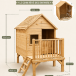 Une maisonnette en bois dans un jardin fleuri, prête à accueillir des aventures pour enfants.