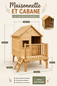 Une maisonnette en bois dans un jardin fleuri, prête à accueillir des aventures pour enfants.